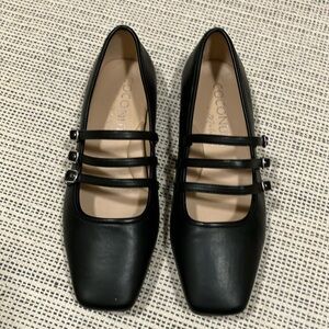 Women’s Mary Jane Square Toe 3 Silver Buckle Black Flats
